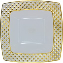 Diamond - 10 Assiettes à Soupe Carré Luxe Blanc/Or 400ml