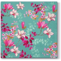 20 Serviettes Magnolia Rose/Turquoise - 33x33cm 3 plis